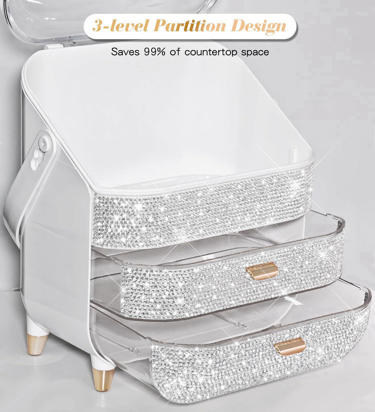 Svpolns Bling Makeup Organizer Countertop, Sparkle Skincare Holder Organizer with Glitter Rhinestones, Storage Box Cosme