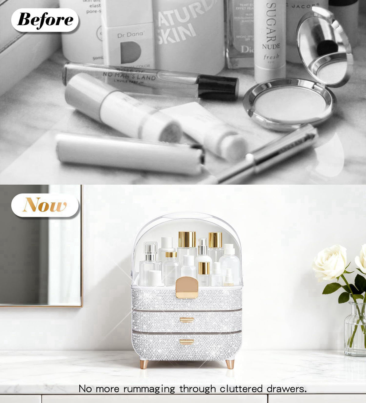 Svpolns Bling Makeup Organizer Countertop, Sparkle Skincare Holder Organizer with Glitter Rhinestones, Storage Box Cosme