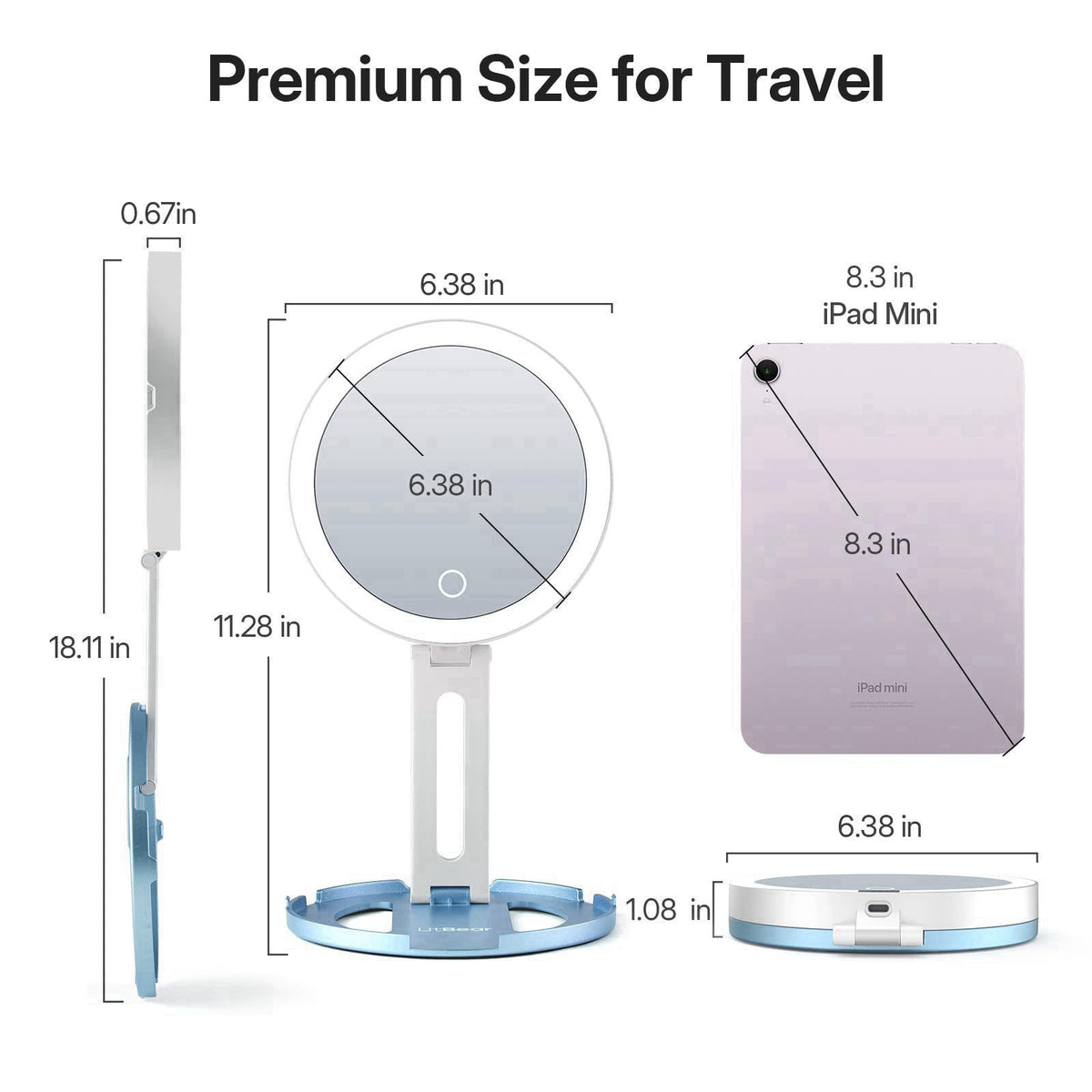 LitBear Travel Makeup Mirror with Lights, 10X/1X Foldable Magnifying Mirror – close-up detail in Sky Blue