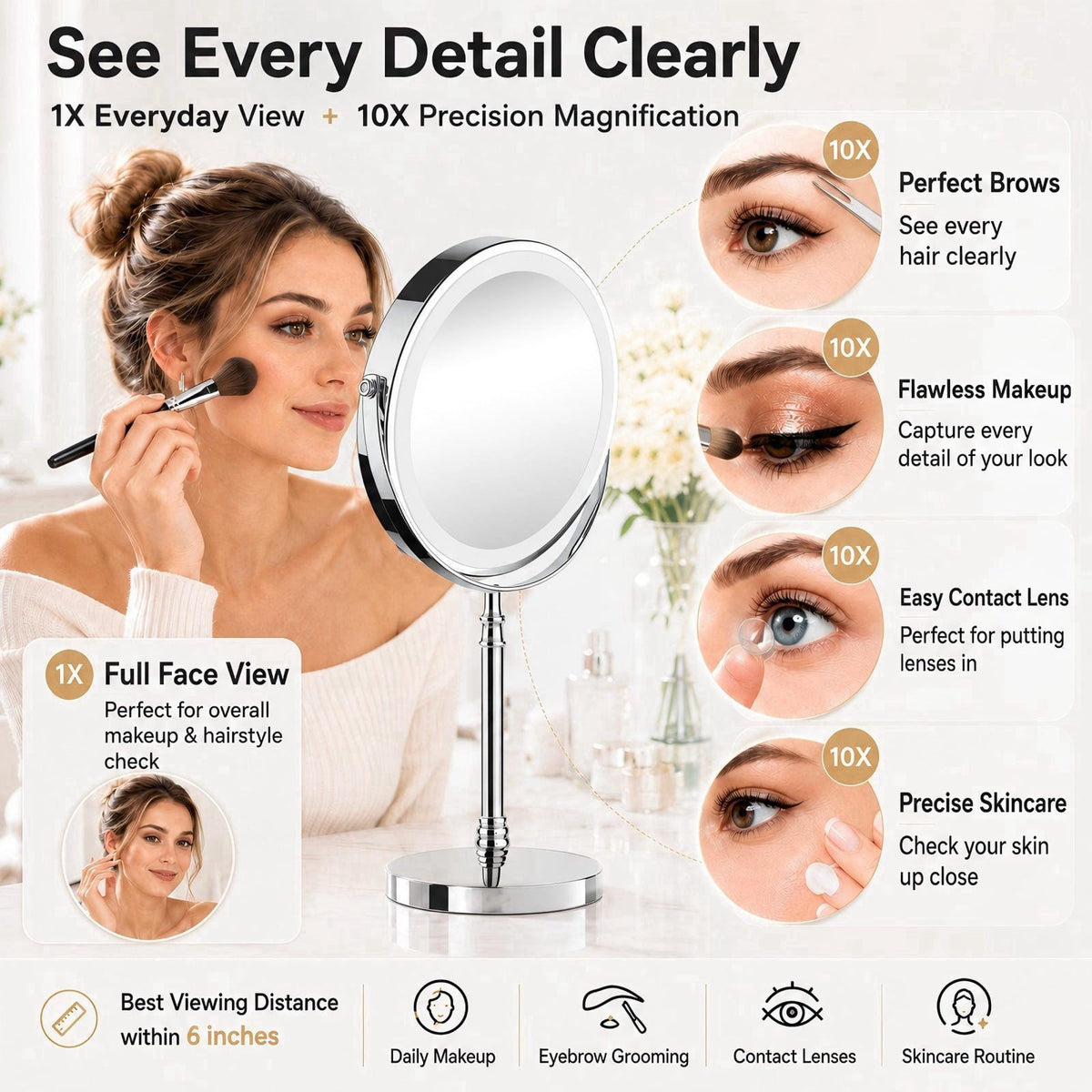 DEIOVWXS Makeup Mirror, Rechargeable Vanity Mirror with 3 Lights, 1X/10X – full view