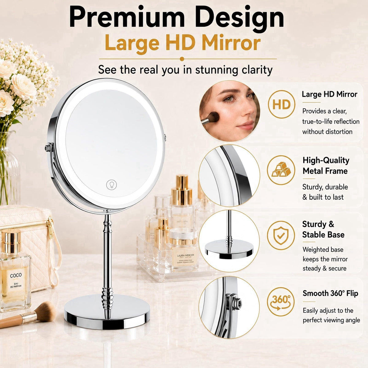 DEIOVWXS Makeup Mirror, Rechargeable Vanity Mirror with 3 Lights, 1X/10X – alternate angle