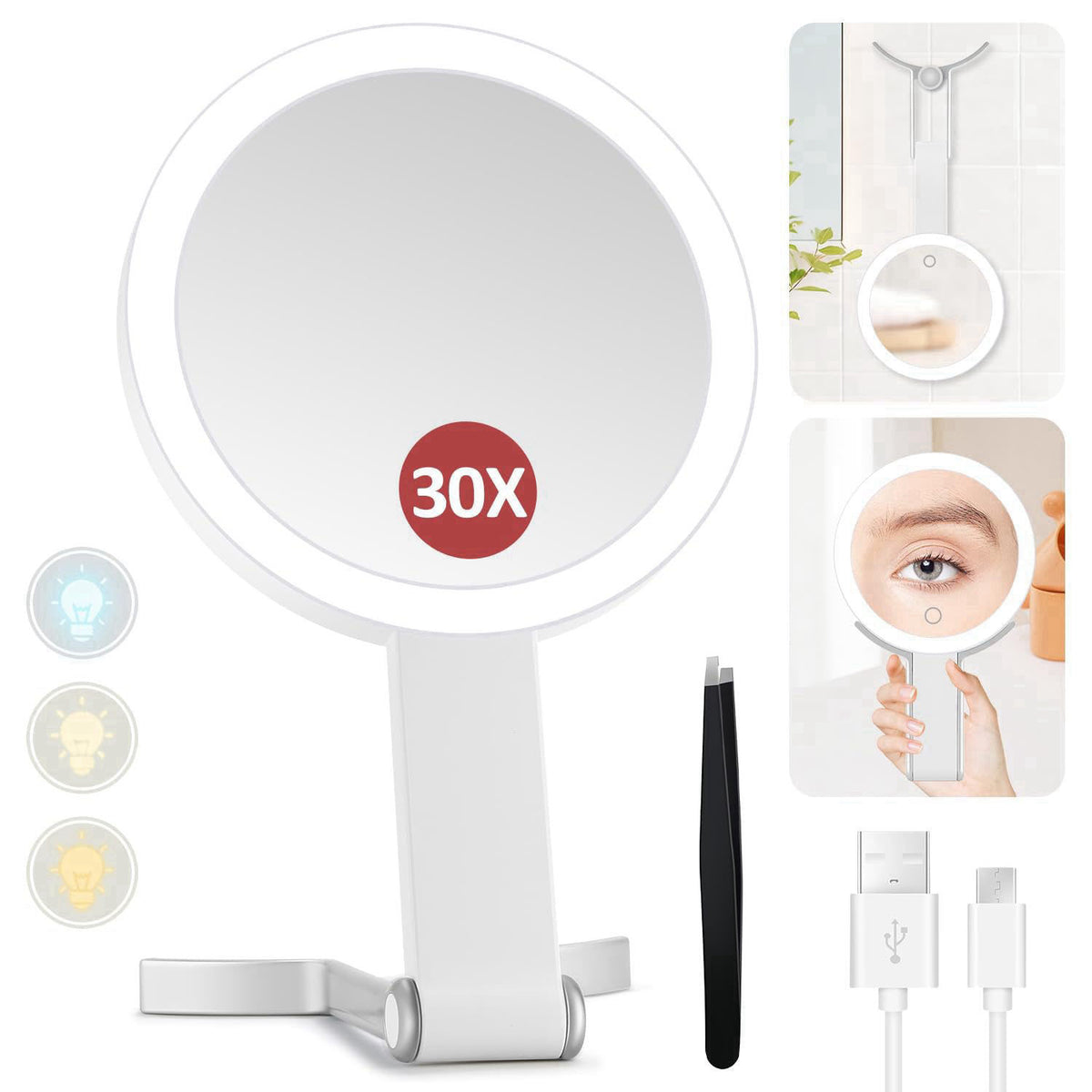 MIYADIVA 30X Magnifying Makeup Mirror with Light, Double-Sided 1X/30X Travel Makeup Mirror, 56 LED Lights, 3 Color Modes