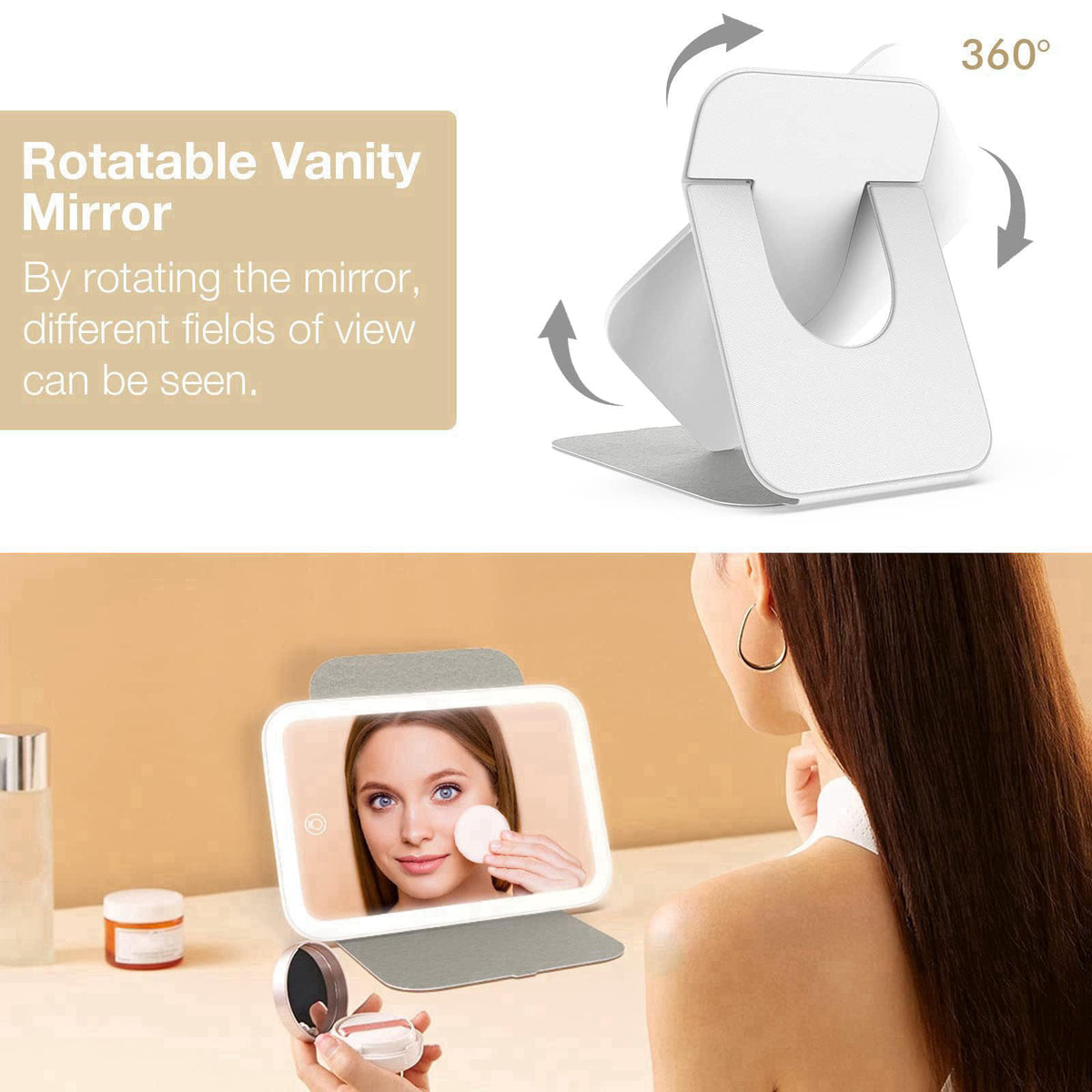 Kintion Travel Makeup Mirror, Portable LED Lighted Folding Mirror (White) – packaging and label