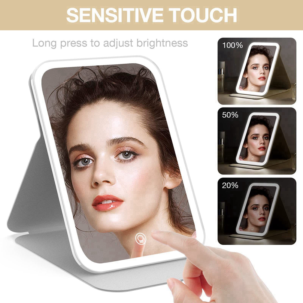 Kintion Travel Makeup Mirror, Portable LED Lighted Folding Mirror (White) – back view and specifications