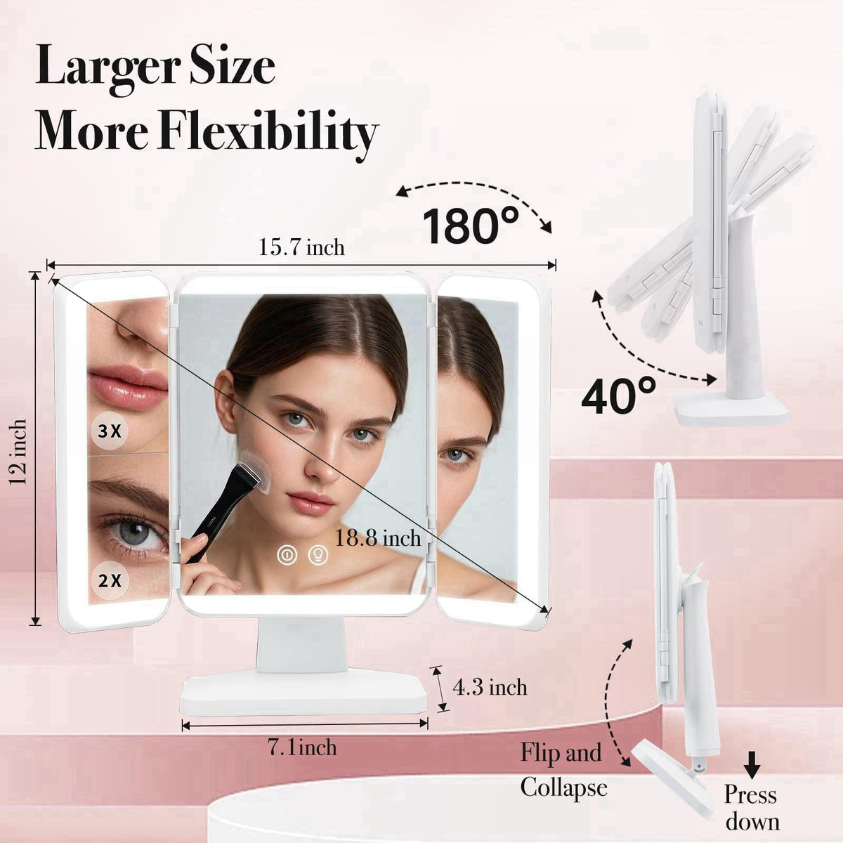 SIMETRA 15.6'' Rechargeable Makeup Mirror with Lights Trifold Vanity Mirror – close-up detail