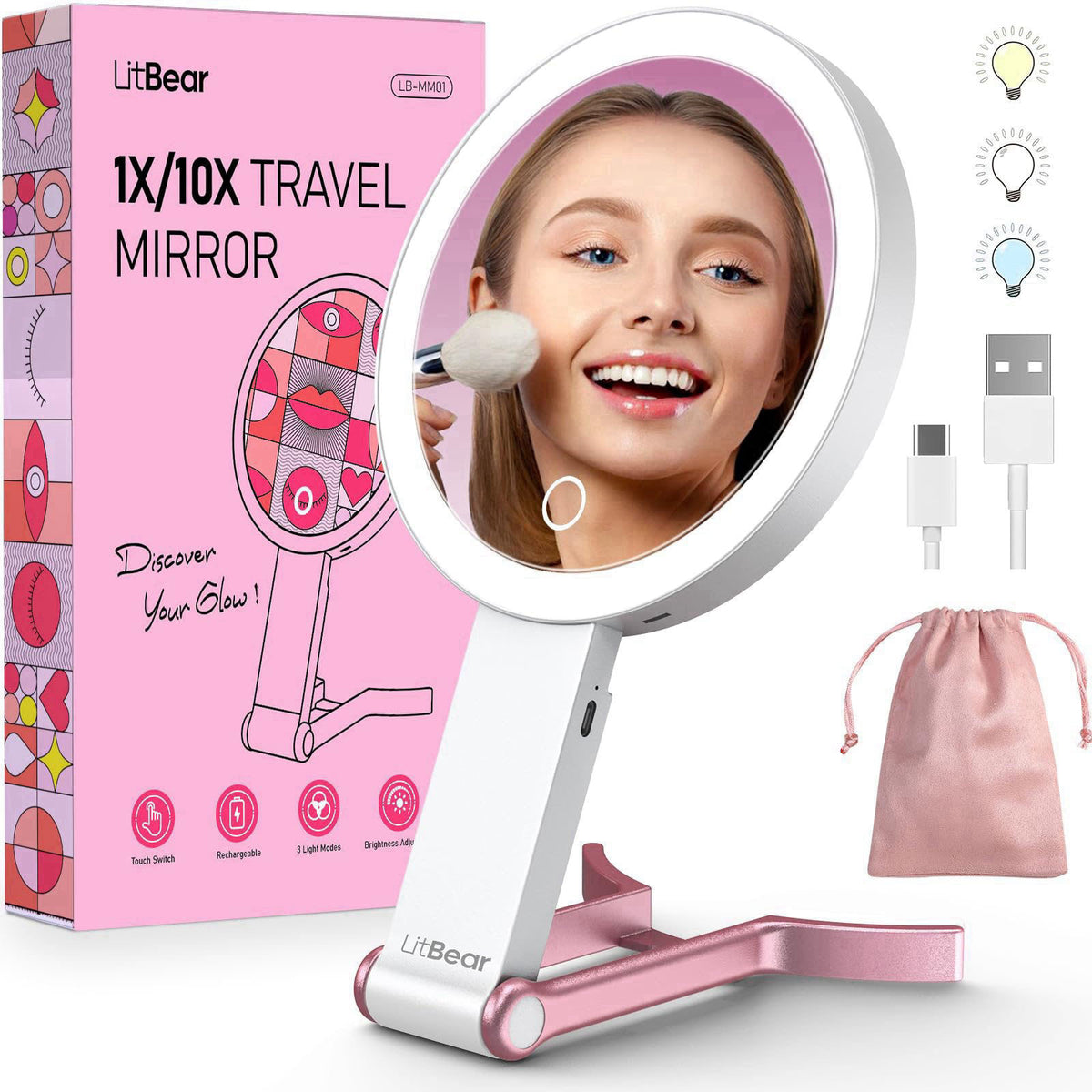 LitBear Travel Makeup Mirror with Lights, Rechargeable Double-Sided 10X/1X Magnifying Mirror, Portable Lighted Beauty Mi