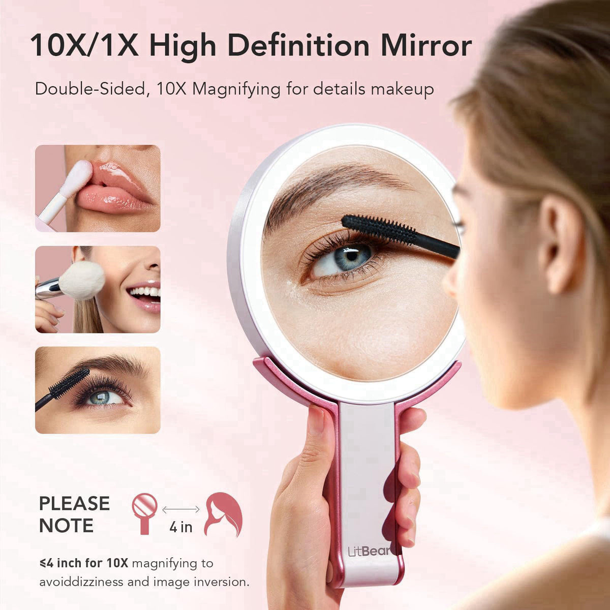 LitBear Travel Makeup Mirror with Lights, Rechargeable Double-Sided 10X/1X Magnifying Mirror, Portable Lighted Beauty Mi