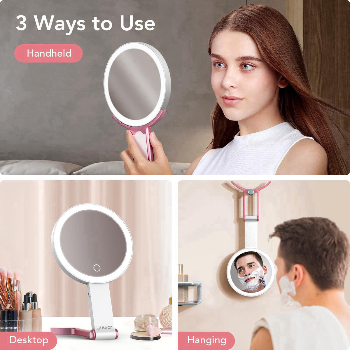 LitBear Travel Makeup Mirror with Lights, Rechargeable Double-Sided 10X/1X Magnifying Mirror, Portable Lighted Beauty Mi