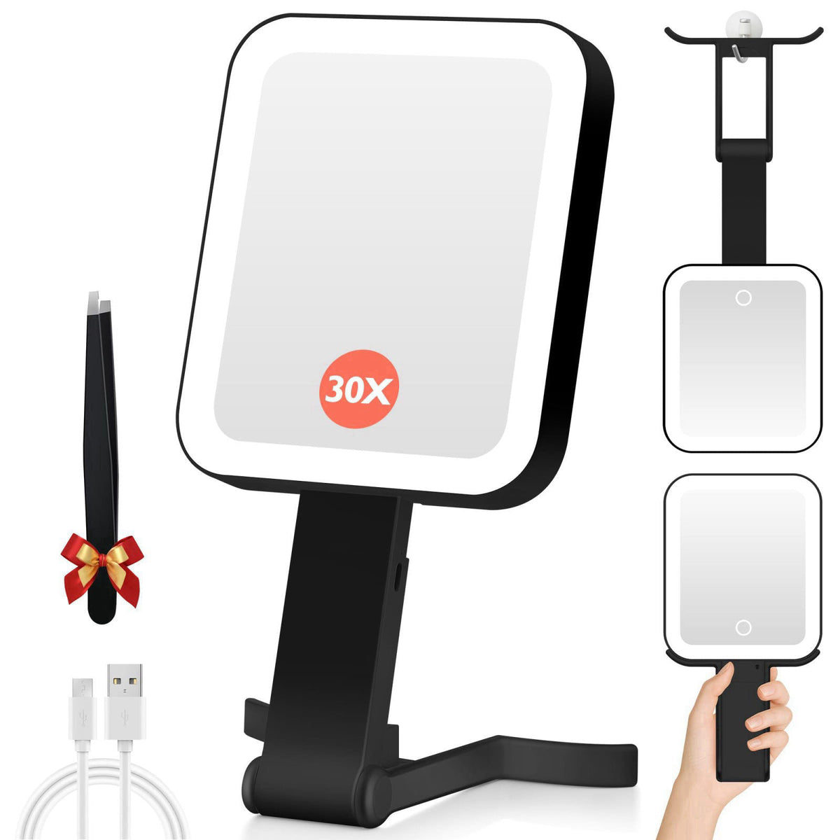 GOMIPURU Magnifying Travel Mirror with Light, 30X/1X Double-Sided Magnifying Mirror with 3 Color Lights, Brightness Adju