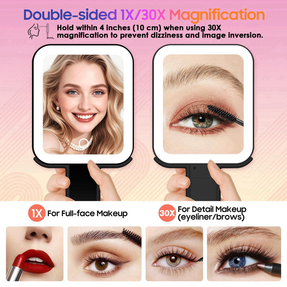 GOMIPURU Magnifying Travel Mirror with Light, 30X/1X Double-Sided Magnifying Mirror with 3 Color Lights, Brightness Adju