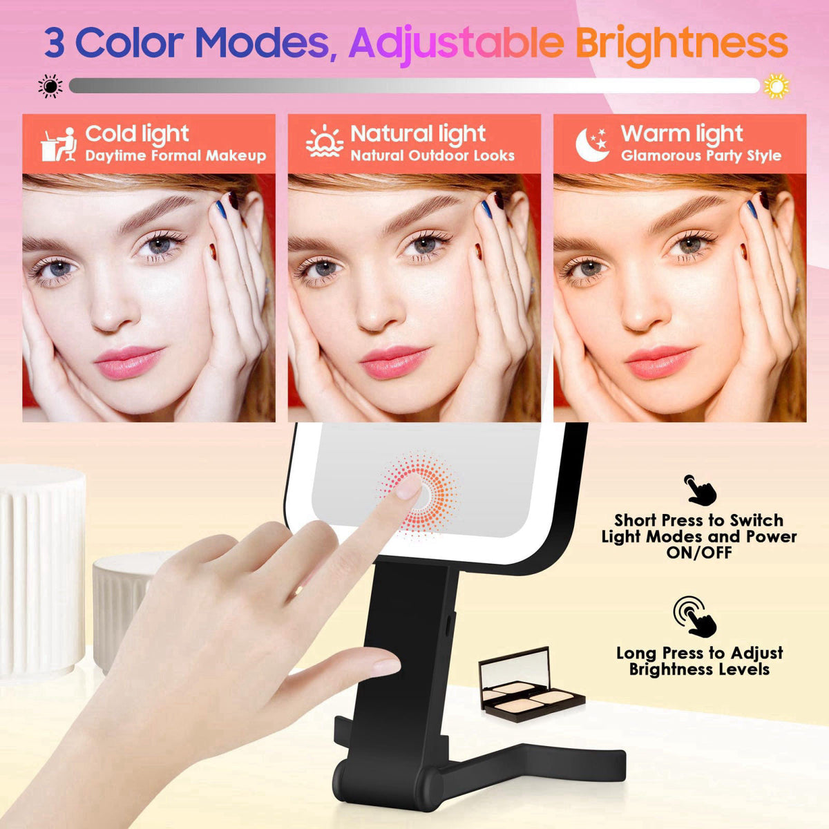 GOMIPURU Magnifying Travel Mirror with Light, 30X/1X Double-Sided Magnifying Mirror with 3 Color Lights, Brightness Adju