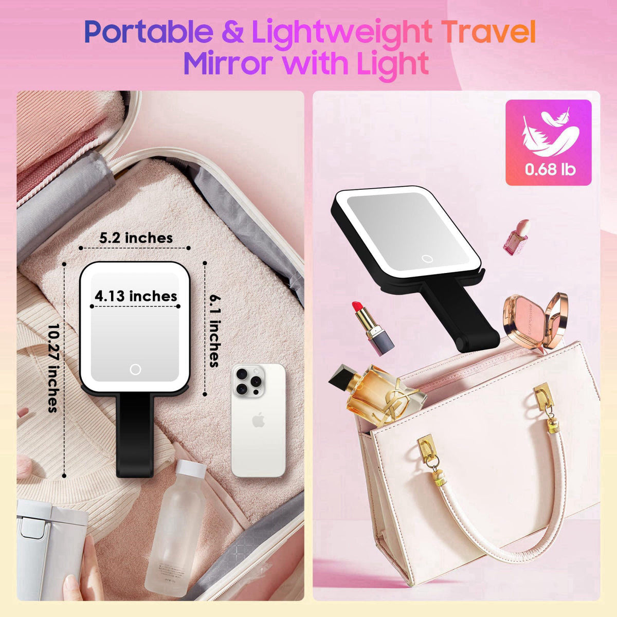 GOMIPURU Magnifying Travel Mirror with Light, 30X/1X Double-Sided Magnifying Mirror with 3 Color Lights, Brightness Adju
