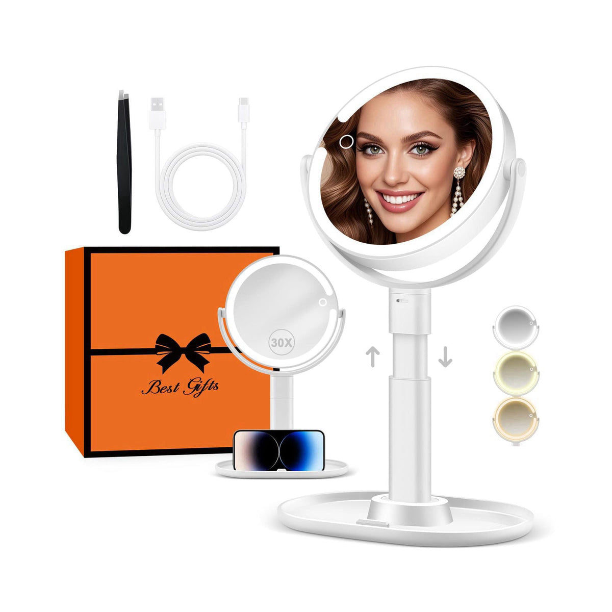 B Beauty Planet Makeup Mirror, Double-Sided Lighted Magnifying Mirror 30X – White, Acrylonitrile Butadiene Styrene (ABS)
