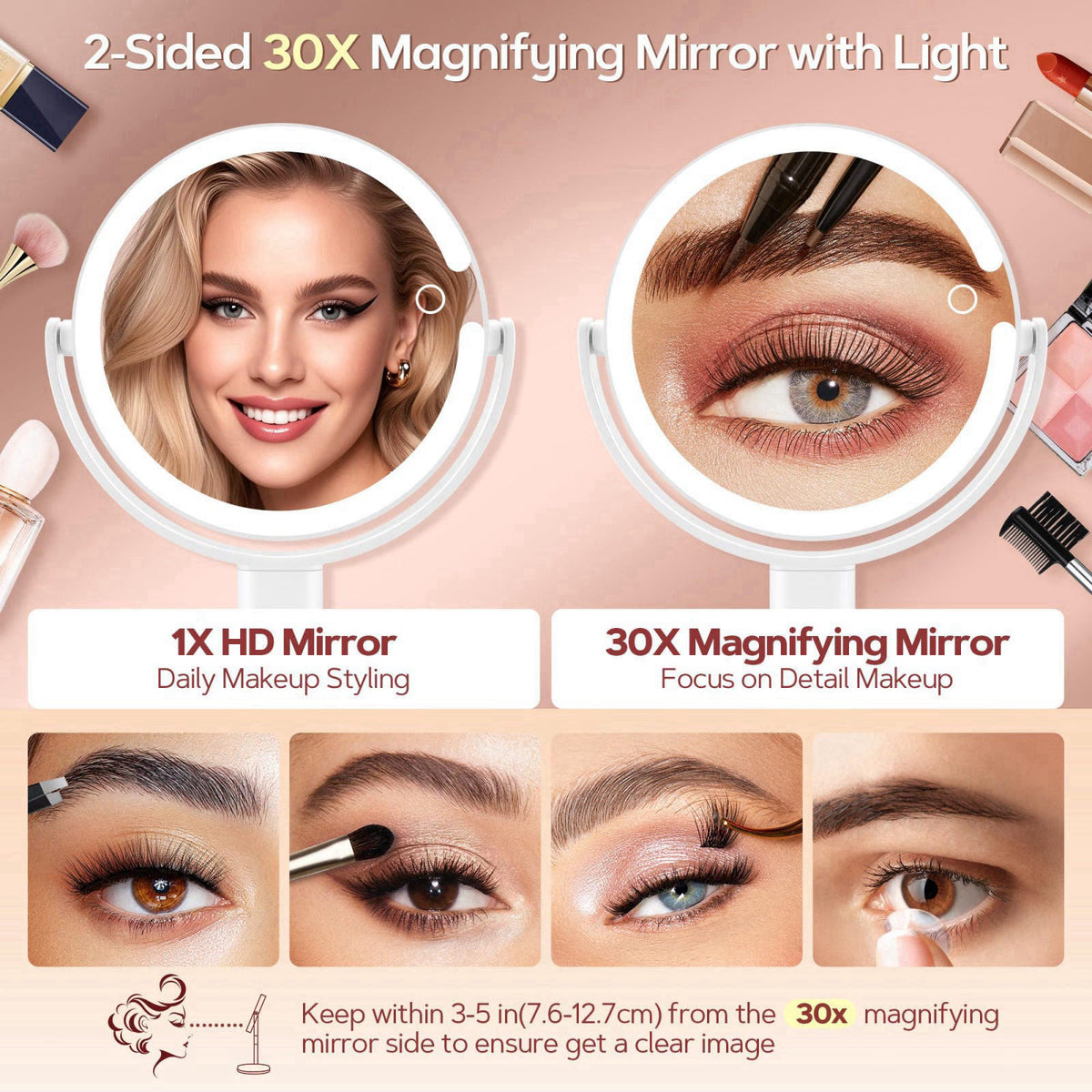 B Beauty Planet Makeup Mirror, Double-Sided Lighted Magnifying Mirror 30X – full view, size 8.0 IN 8.0 IN 8.0 IN 8.0 IN 