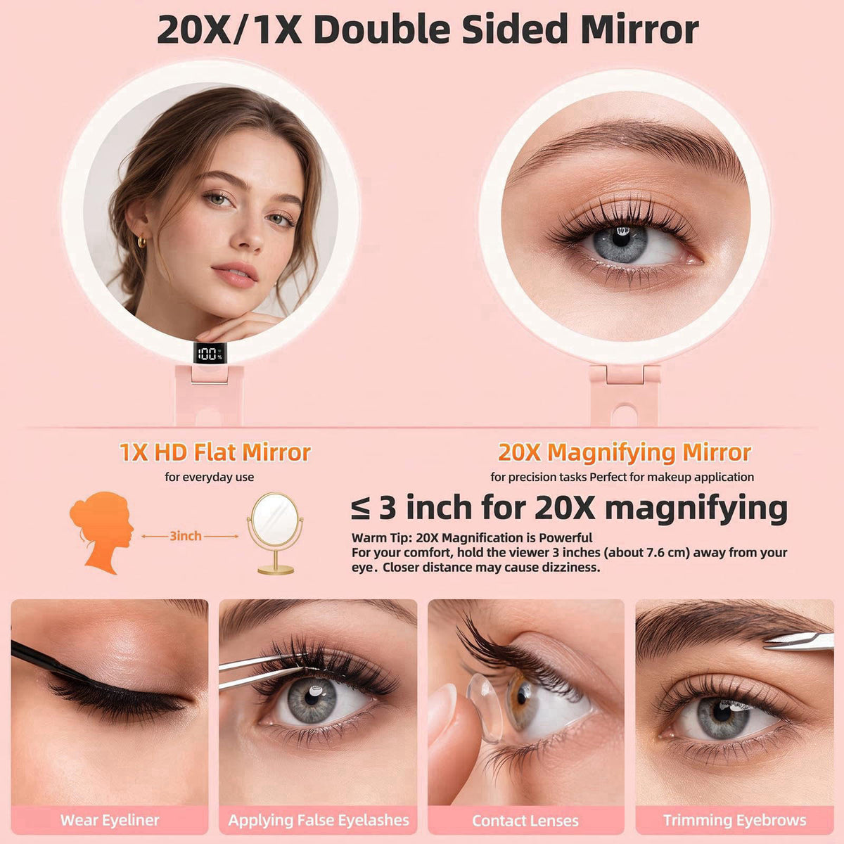 HAISSKY Lighted Travel makeup Mirror,20X/1X Magnification Foldable Vanity Mirror – back view and specifications