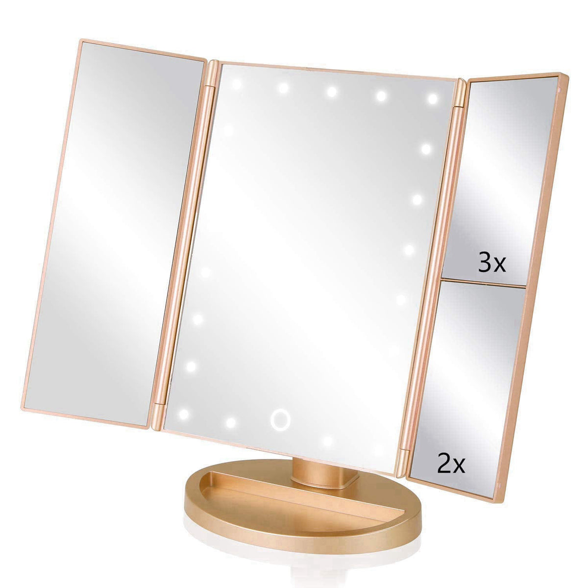 Infitrans Trifold Makeup Mirror Vanity Mirror with Lights,1X 2X 3X Magnification,Touch Control,Adjustable Rotation,Dual 