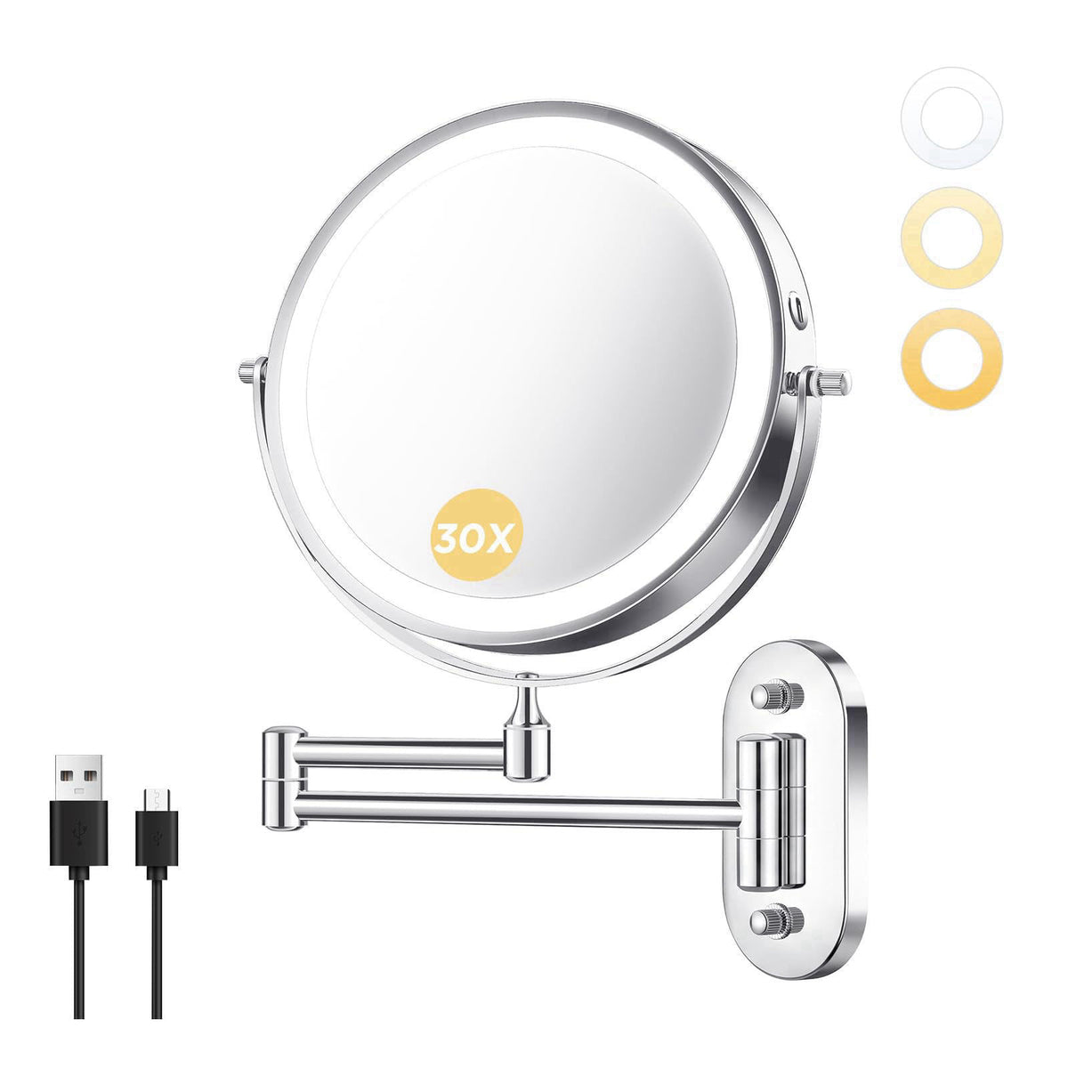 tubbede Wall Mounted Makeup Mirror, 8 Inch, 1X/30X, Rechargeable 4000mAh – product photo (Makeup Mirrors)