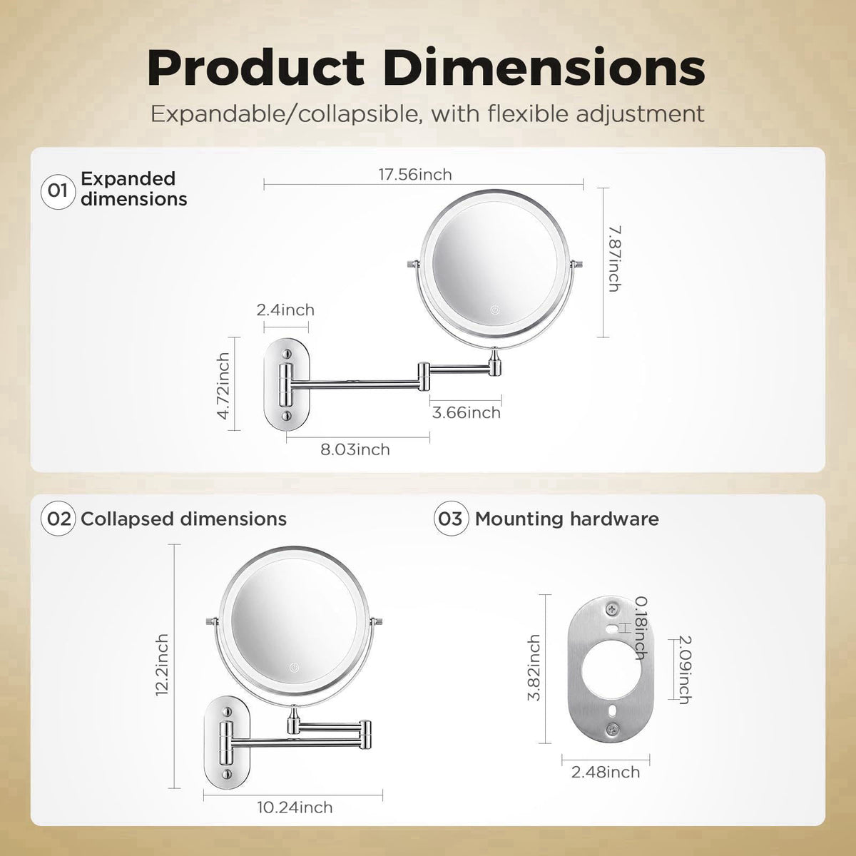 tubbede Wall Mounted Makeup Mirror, 8 Inch, 1X/30X, Rechargeable 4000mAh – close-up detail