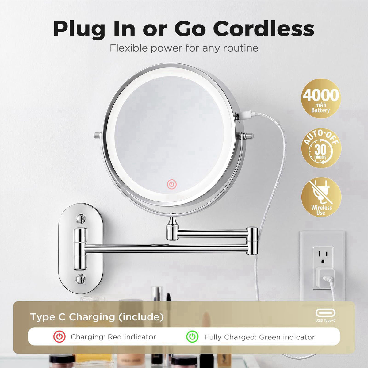 tubbede Wall Mounted Makeup Mirror, 8 Inch, 1X/30X, Rechargeable 4000mAh – full view