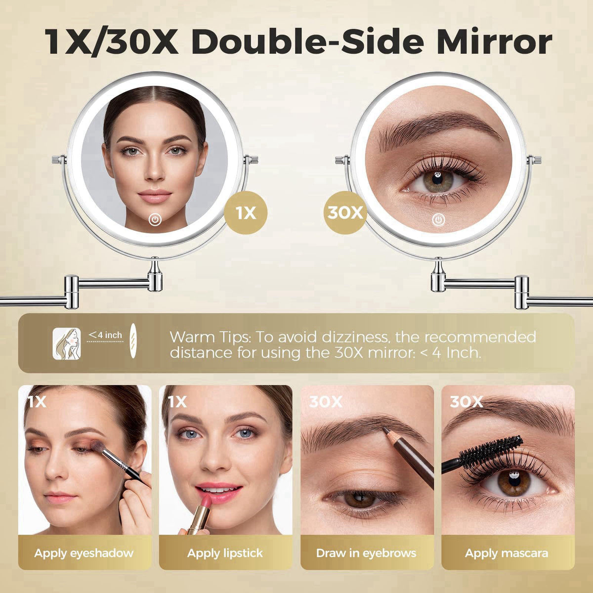 tubbede Wall Mounted Makeup Mirror, 8 Inch, 1X/30X, Rechargeable 4000mAh – back view and specifications