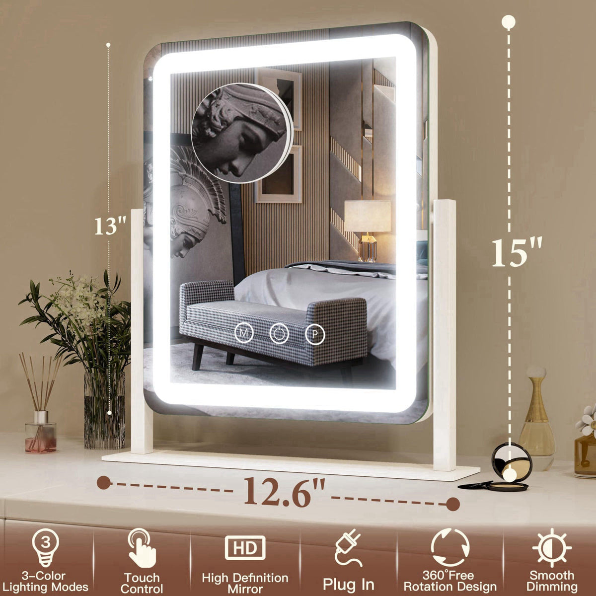 FENNIO Vanity Mirror with Lights - 15"x12.6" LED Lighted Makeup Mirror, Large Makeup Mirror with Lights, Touch S