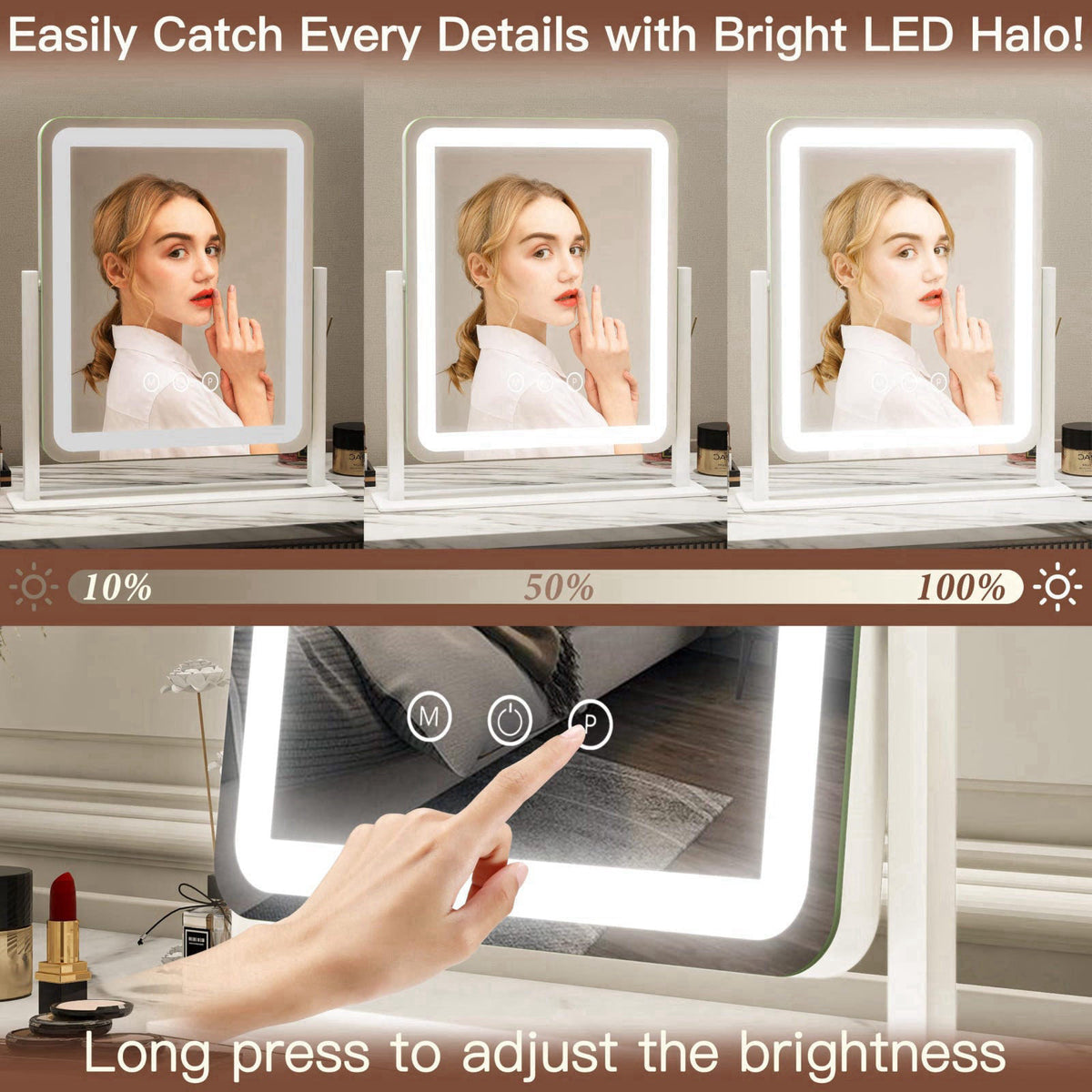 FENNIO Vanity Mirror with Lights - 15"x12.6" LED Lighted Makeup Mirror, Large Makeup Mirror with Lights, Touch S