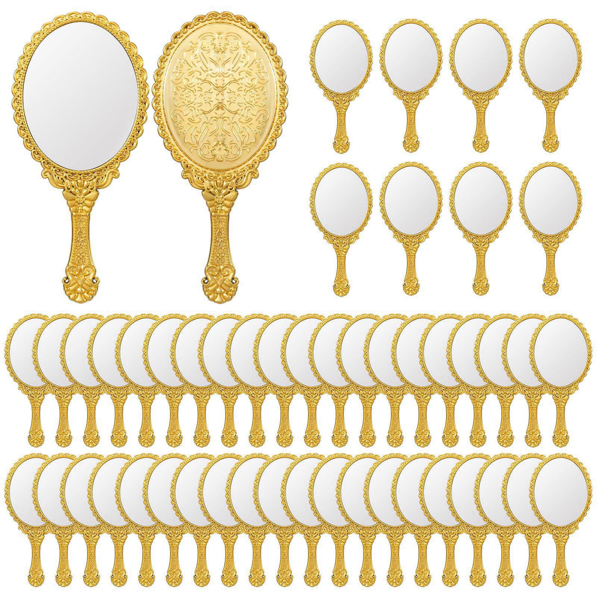 FUPMILPHRANX 48 Pack Vintage Handheld Mirrors for Makeup, Gold Embossed Floral Portable Princess Mirror with Handle, Dec