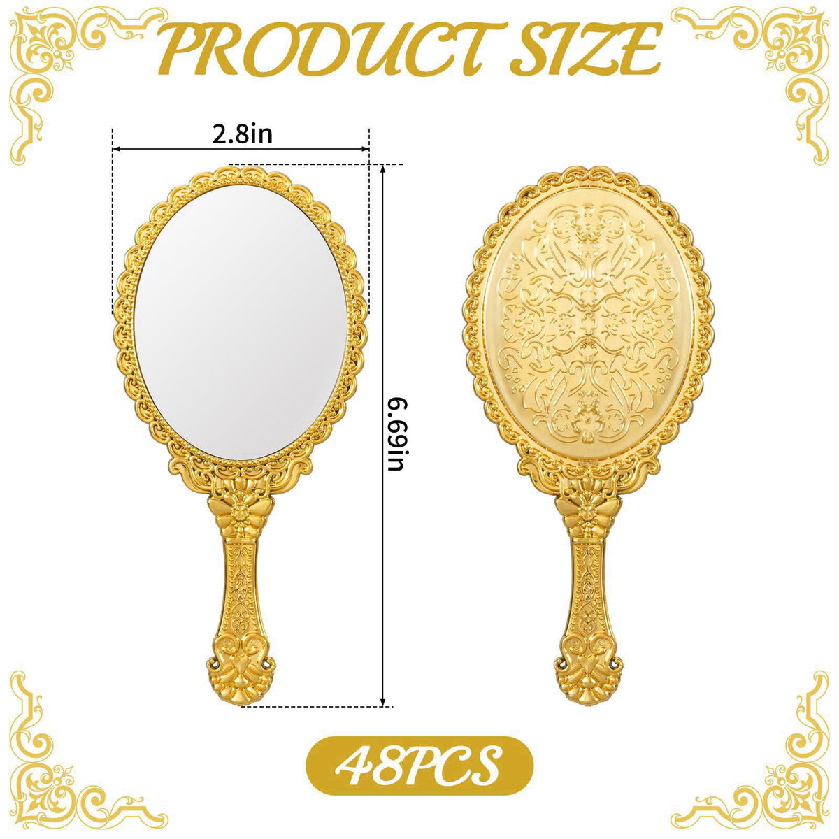 FUPMILPHRANX 48 Pack Vintage Handheld Mirrors for Makeup, Gold Embossed Floral Portable Princess Mirror with Handle, Dec