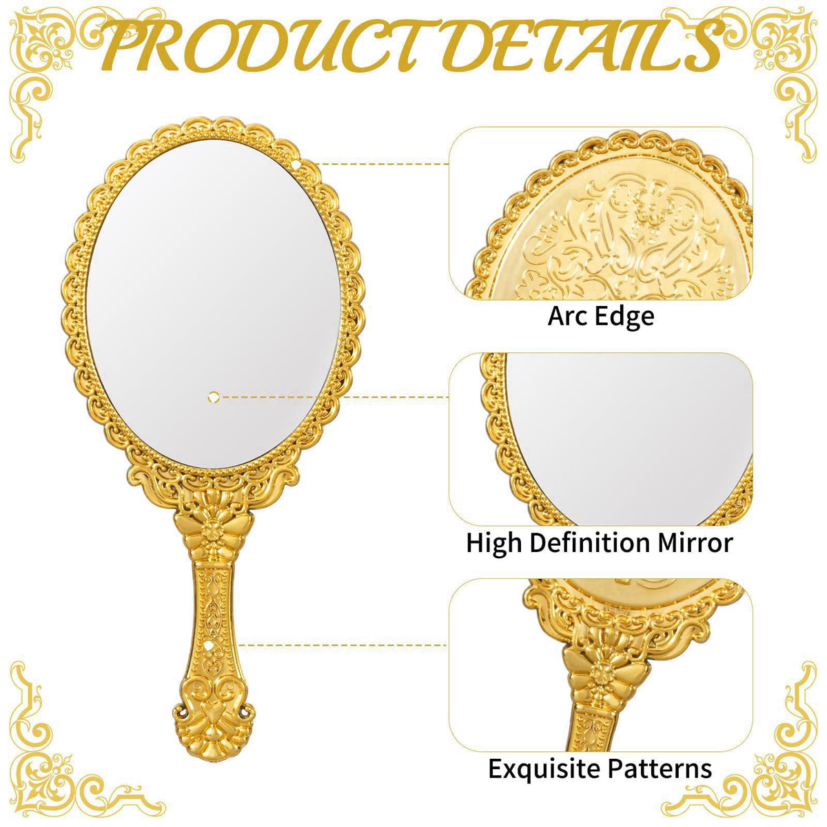 FUPMILPHRANX 48 Pack Vintage Handheld Mirrors for Makeup, Gold Embossed Floral Portable Princess Mirror with Handle, Dec