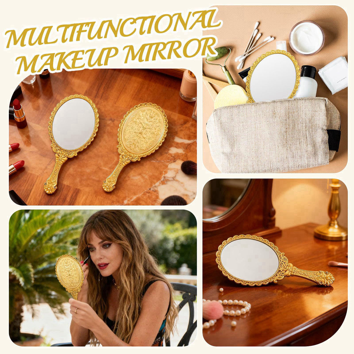 FUPMILPHRANX 48 Pack Vintage Handheld Mirrors for Makeup, Gold Embossed Floral Portable Princess Mirror with Handle, Dec