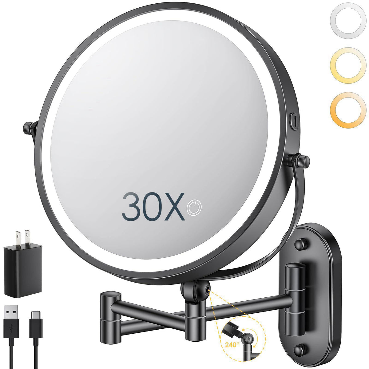 ZLOKLA 9" Wall Mounted Lighted Makeup Mirror,4000mAh Rechargeable Double Sided 1X/30X Magnifying Mirror with Light,T
