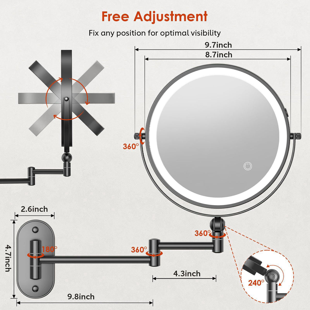 ZLOKLA 9" Wall Mounted Lighted Makeup Mirror,4000mAh Rechargeable Double Sided 1X/30X Magnifying Mirror with Light,T