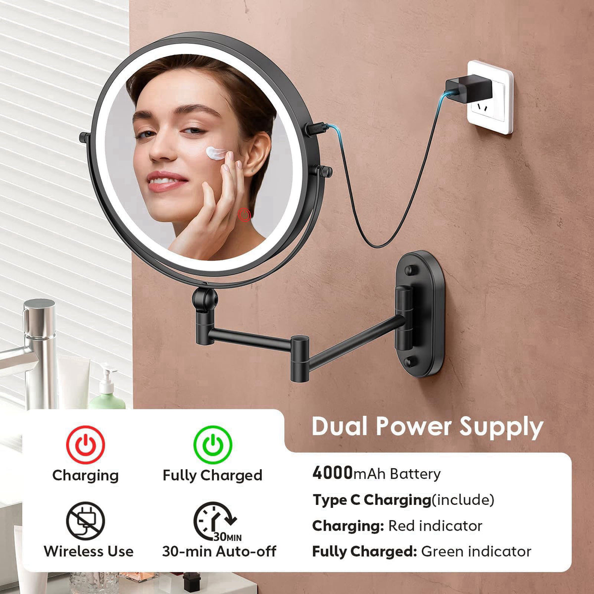 ZLOKLA 9" Wall Mounted Lighted Makeup Mirror,4000mAh Rechargeable Double Sided 1X/30X Magnifying Mirror with Light,T