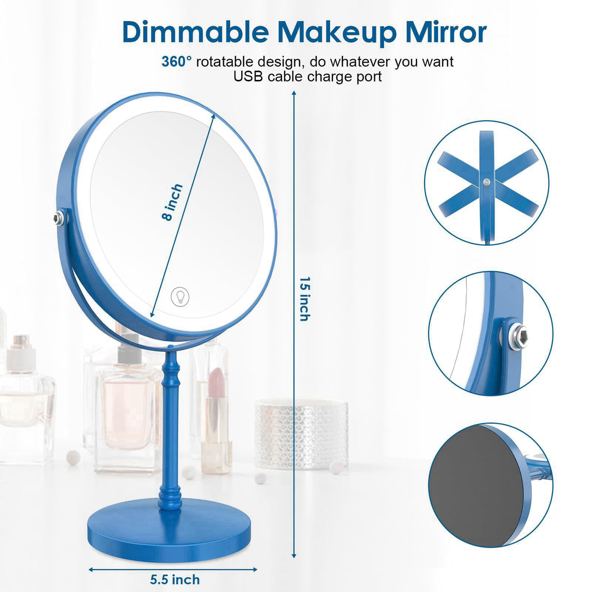 DEIOVWXS Makeup Mirror, Rechargeable Vanity Mirror with 3 Lights, 1X/10X – packaging and label
