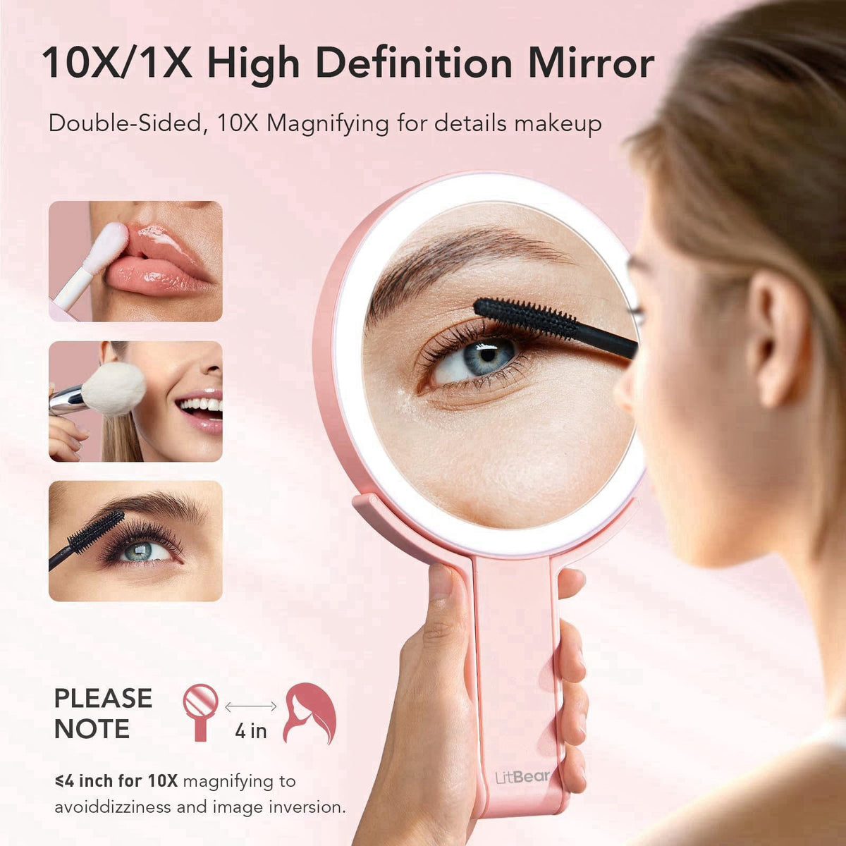 LitBear Travel Makeup Mirror with Lights, Rechargeable Double-Sided 10X/1X Magnifying Mirror, Portable Lighted Beauty Mi