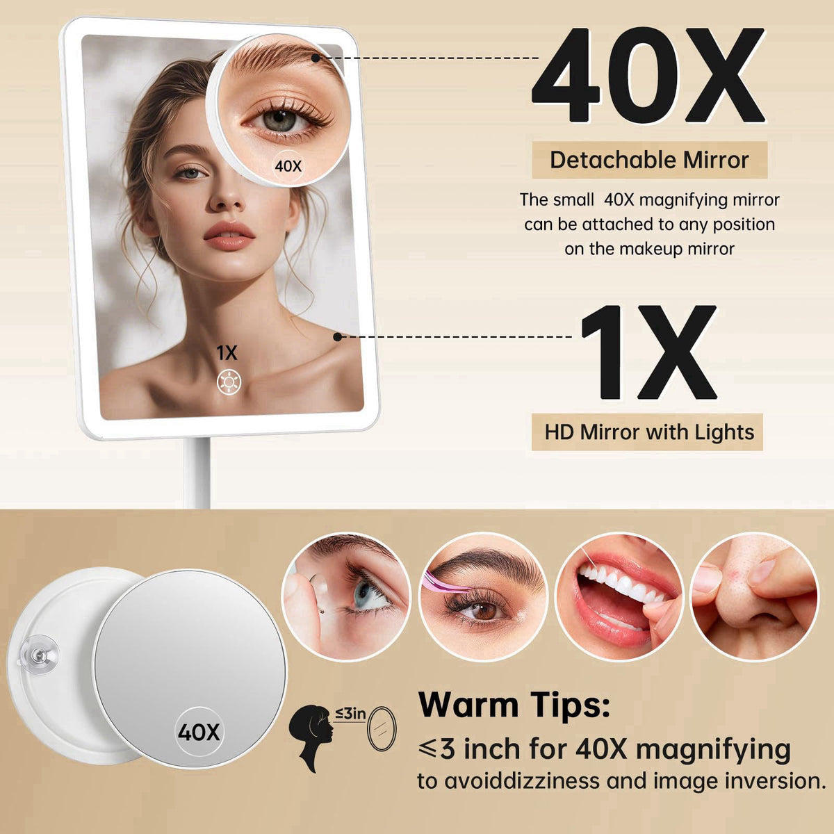 FUNTOUCH 4000mAh Rechargeable Vanity Mirror with Lights 40X Magnifier,White – packaging and label