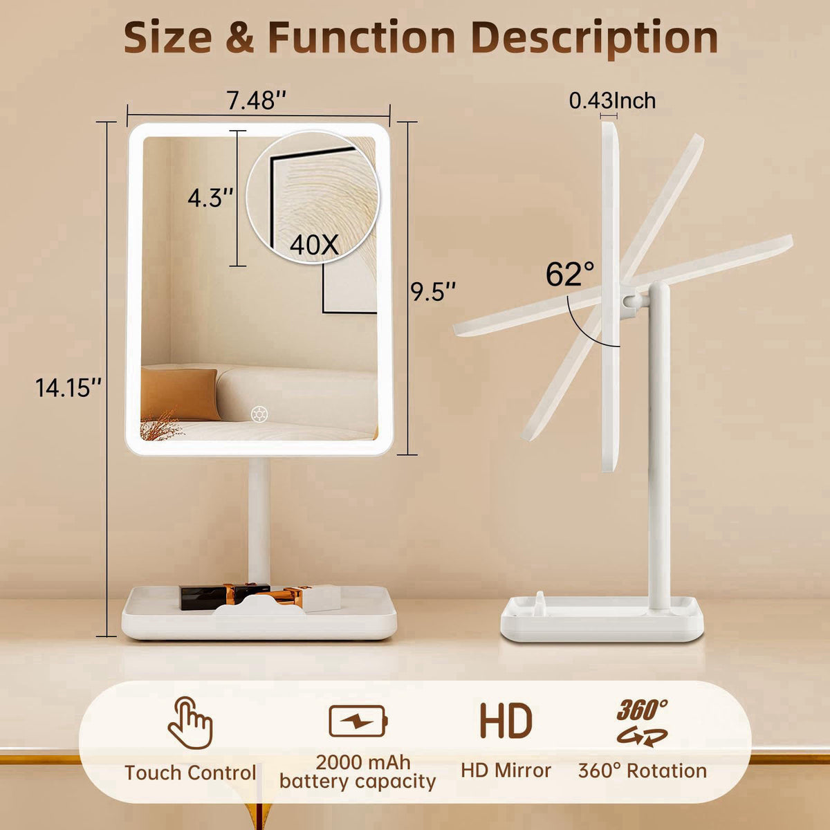 FUNTOUCH 4000mAh Rechargeable Vanity Mirror with Lights 40X Magnifier,White – full view