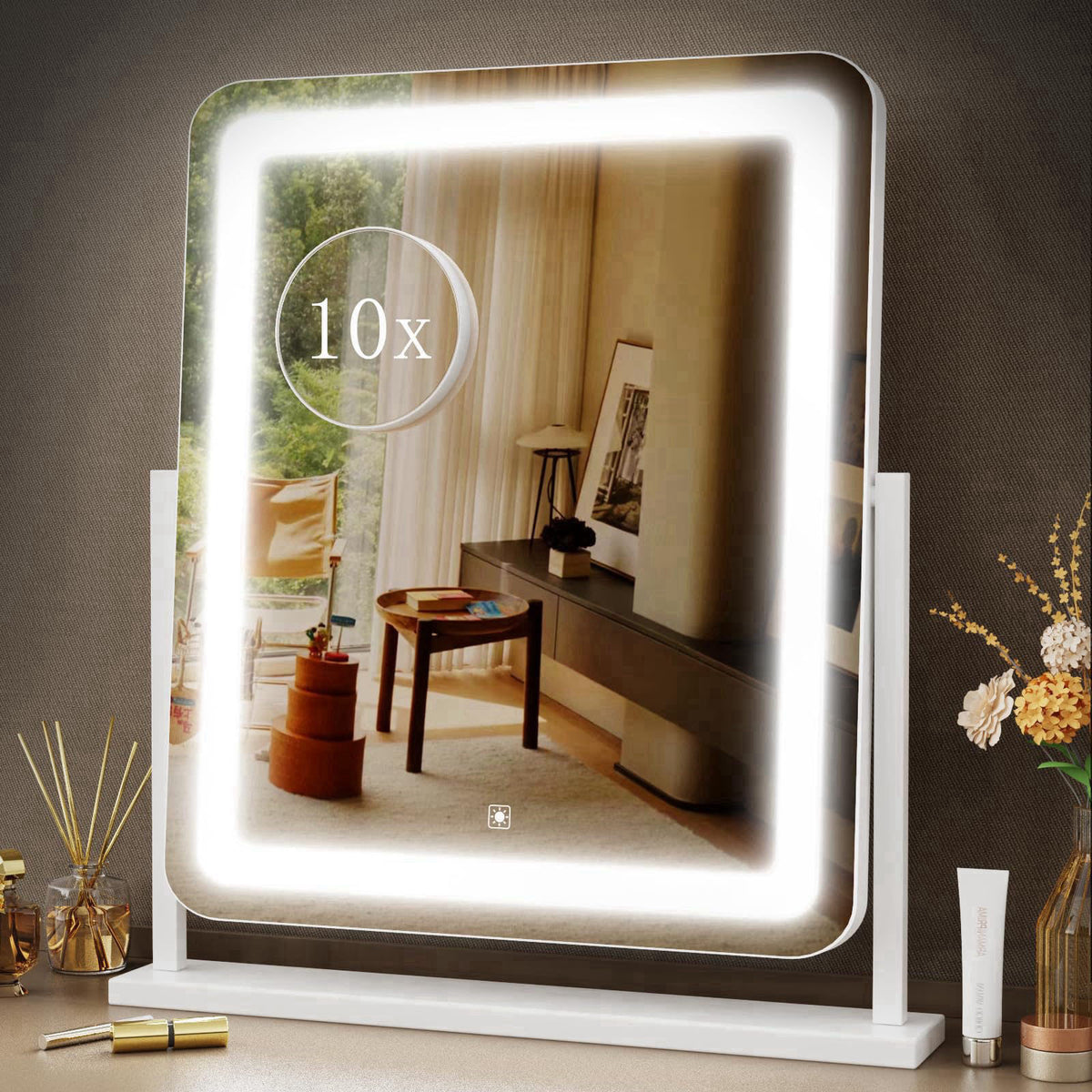 Gvnkvn 15.2" in Lighted Makeup Mirror, 10X Magnifiers – White, Aluminum