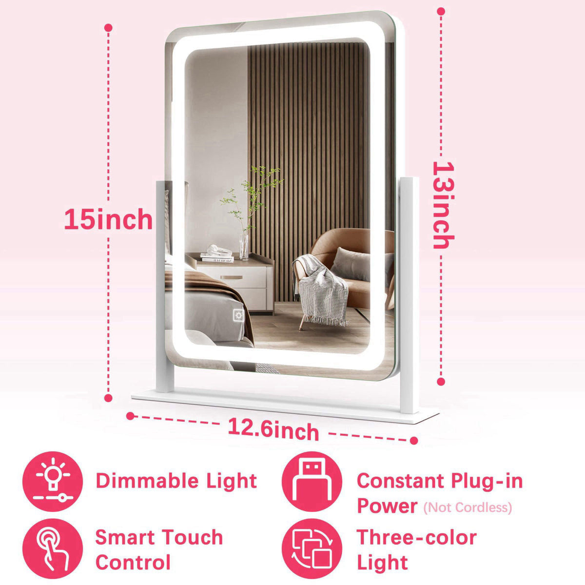 ROLOVE Vanity Mirror with Lights for Desk, 12.6"x15", Dimmable, White – close-up detail
