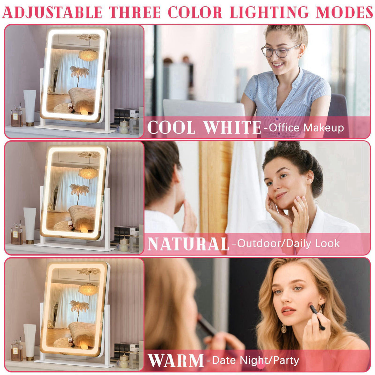 ROLOVE Vanity Mirror with Lights for Desk, 12.6"x15", Dimmable, White – packaging and label