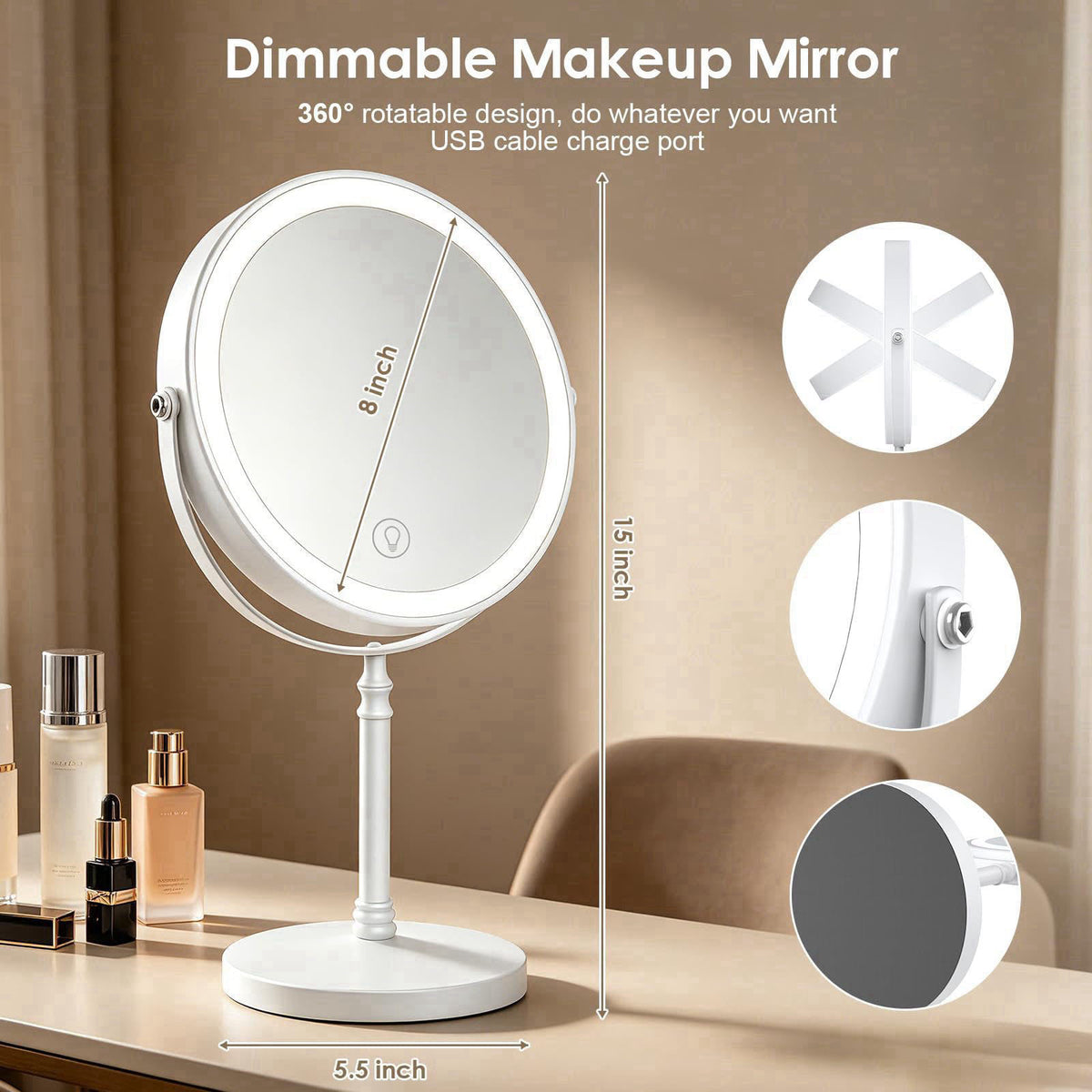 DEIOVWXS Makeup Mirror, Rechargeable Vanity Mirror with 3 Lights, 1X/10X – full view