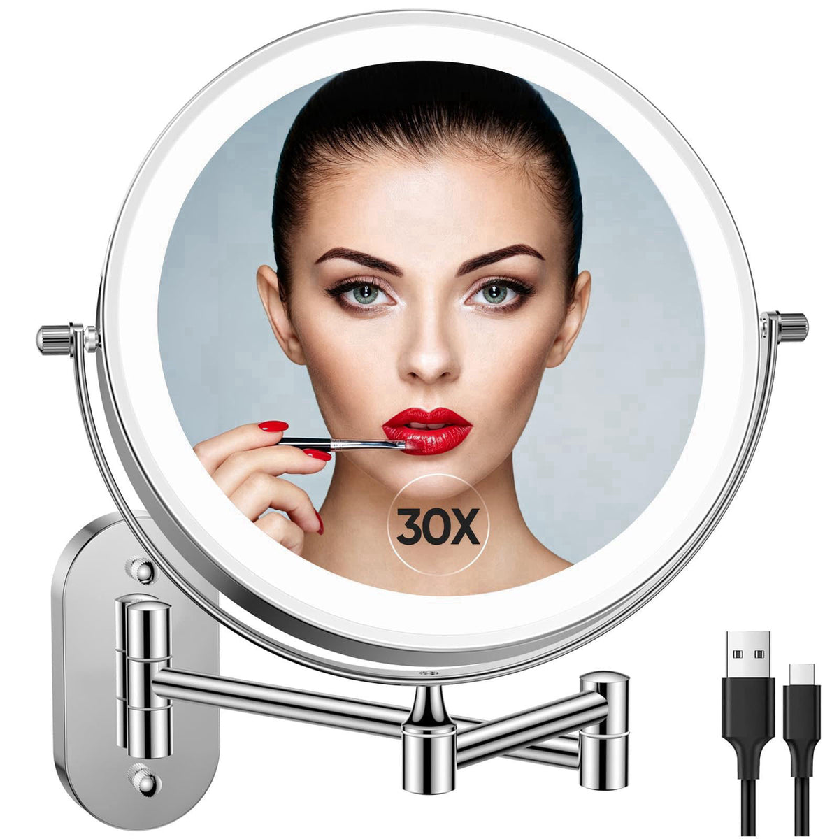 FUNTOUCH 5000mAh Rechargeable Wall Mounted Lighted Makeup Mirror 1X30X – Silver, Metal