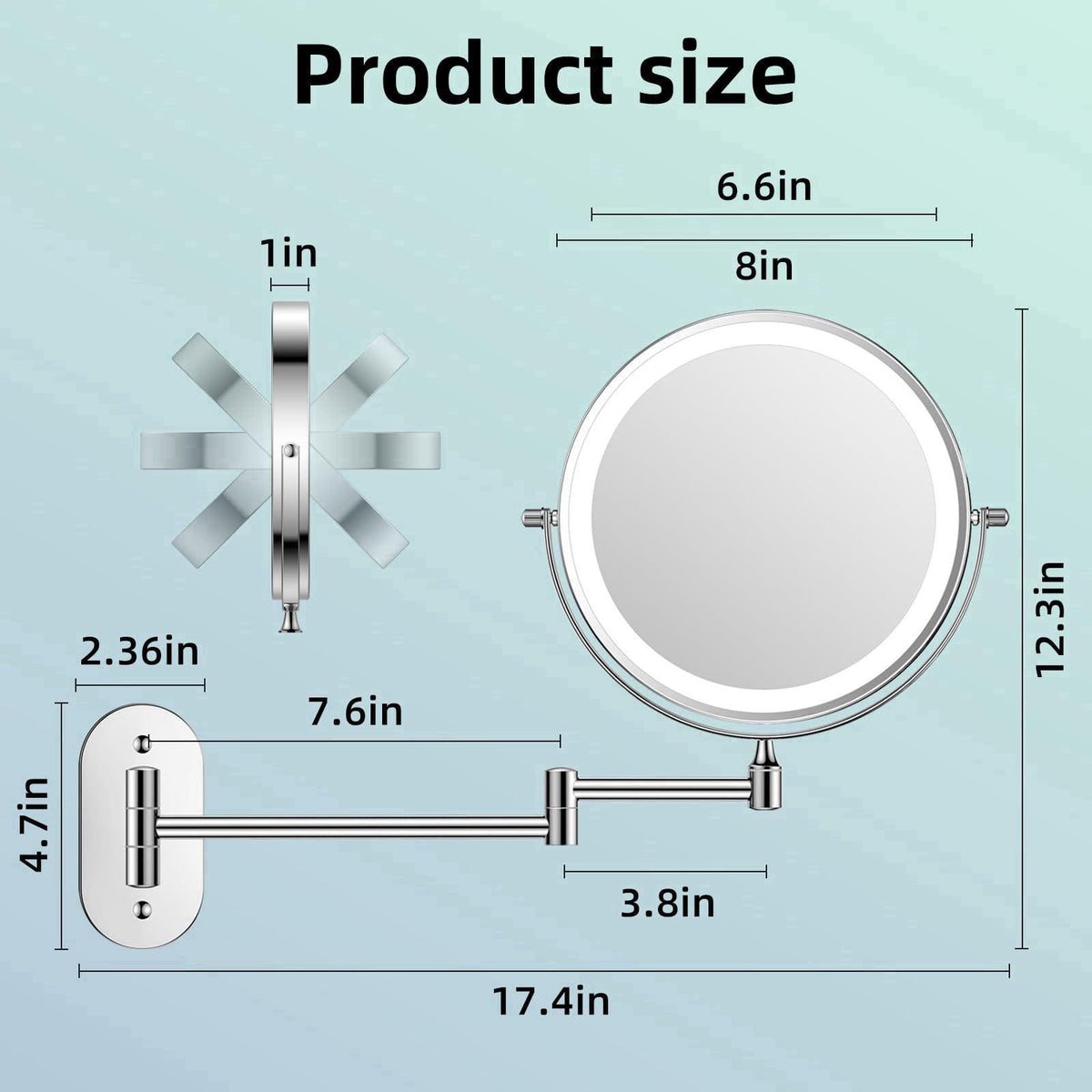 FUNTOUCH 5000mAh Rechargeable Wall Mounted Lighted Makeup Mirror 1X30X – close-up detail in Silver