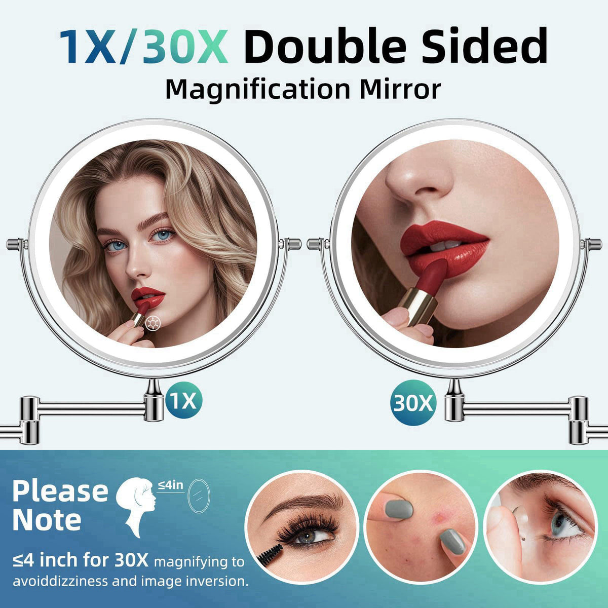 FUNTOUCH 5000mAh Rechargeable Wall Mounted Lighted Makeup Mirror 1X30X – full view