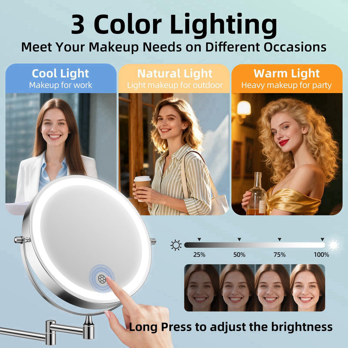 FUNTOUCH 5000mAh Rechargeable Wall Mounted Lighted Makeup Mirror 1X30X – back view and specifications