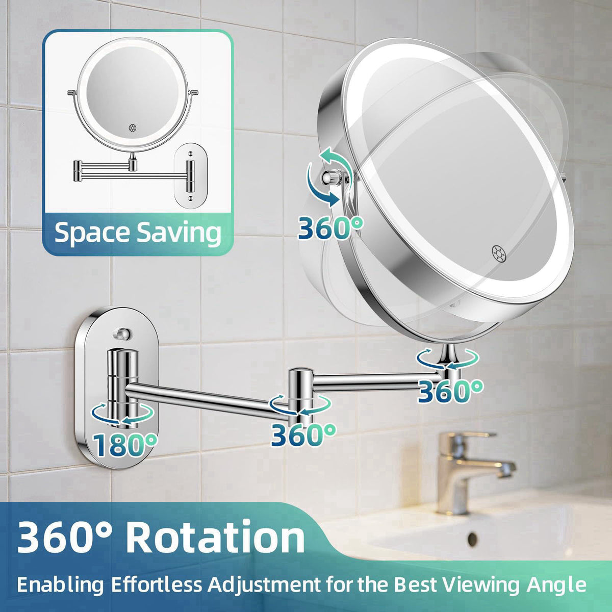 FUNTOUCH 5000mAh Rechargeable Wall Mounted Lighted Makeup Mirror 1X30X – alternate angle