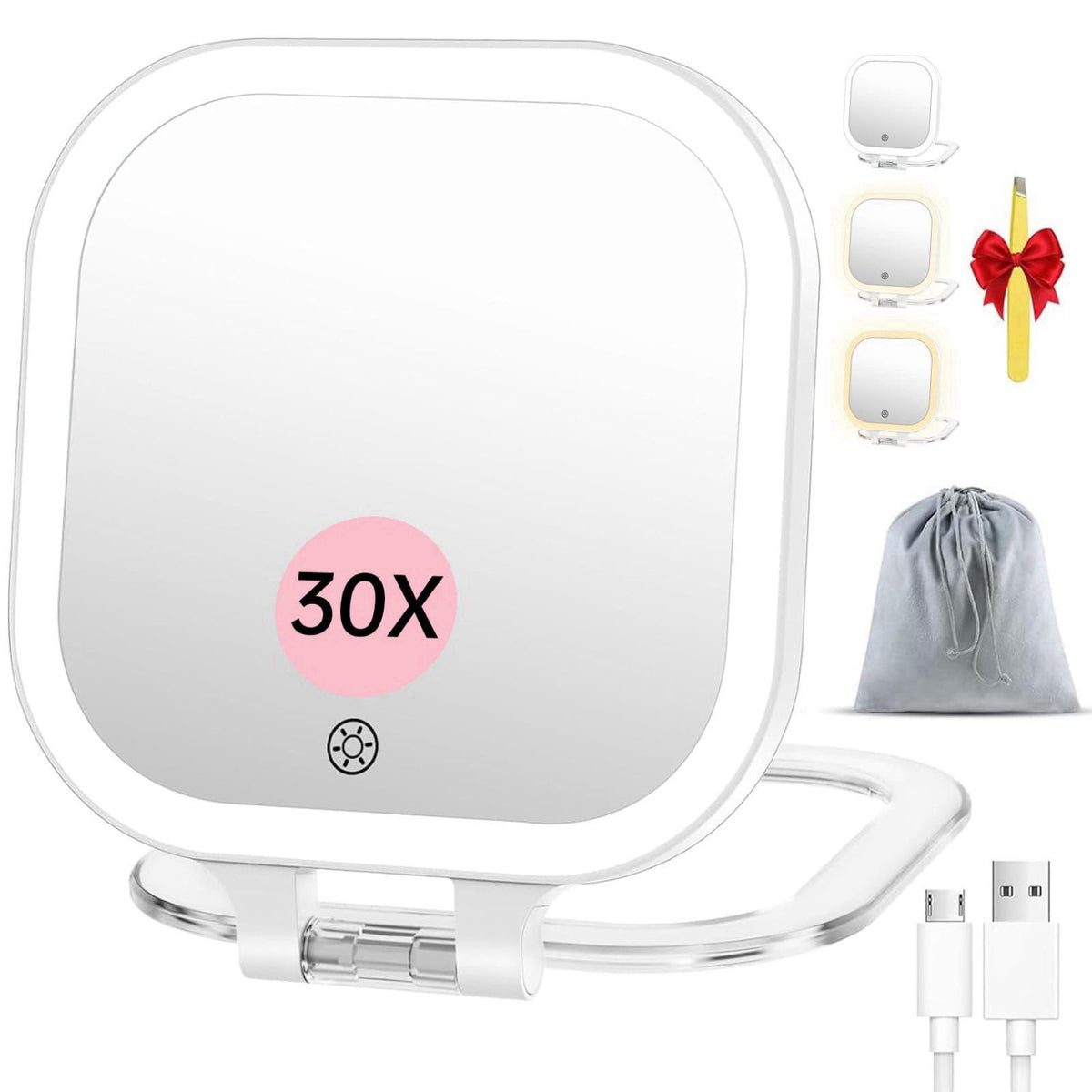 FASCINATE 7" Rechargeable Travel Makeup Mirror 30X Magnification(White+Bag) – product photo (Makeup Mirrors)