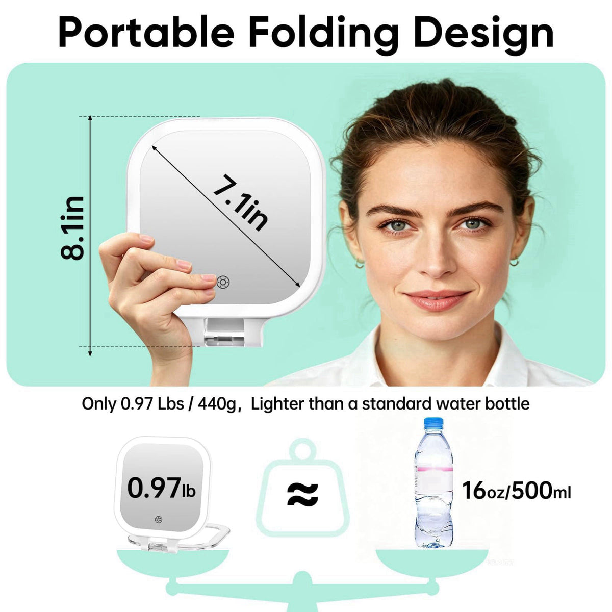 FASCINATE 7" Rechargeable Travel Makeup Mirror 30X Magnification(White+Bag) – close-up detail in 7" White B