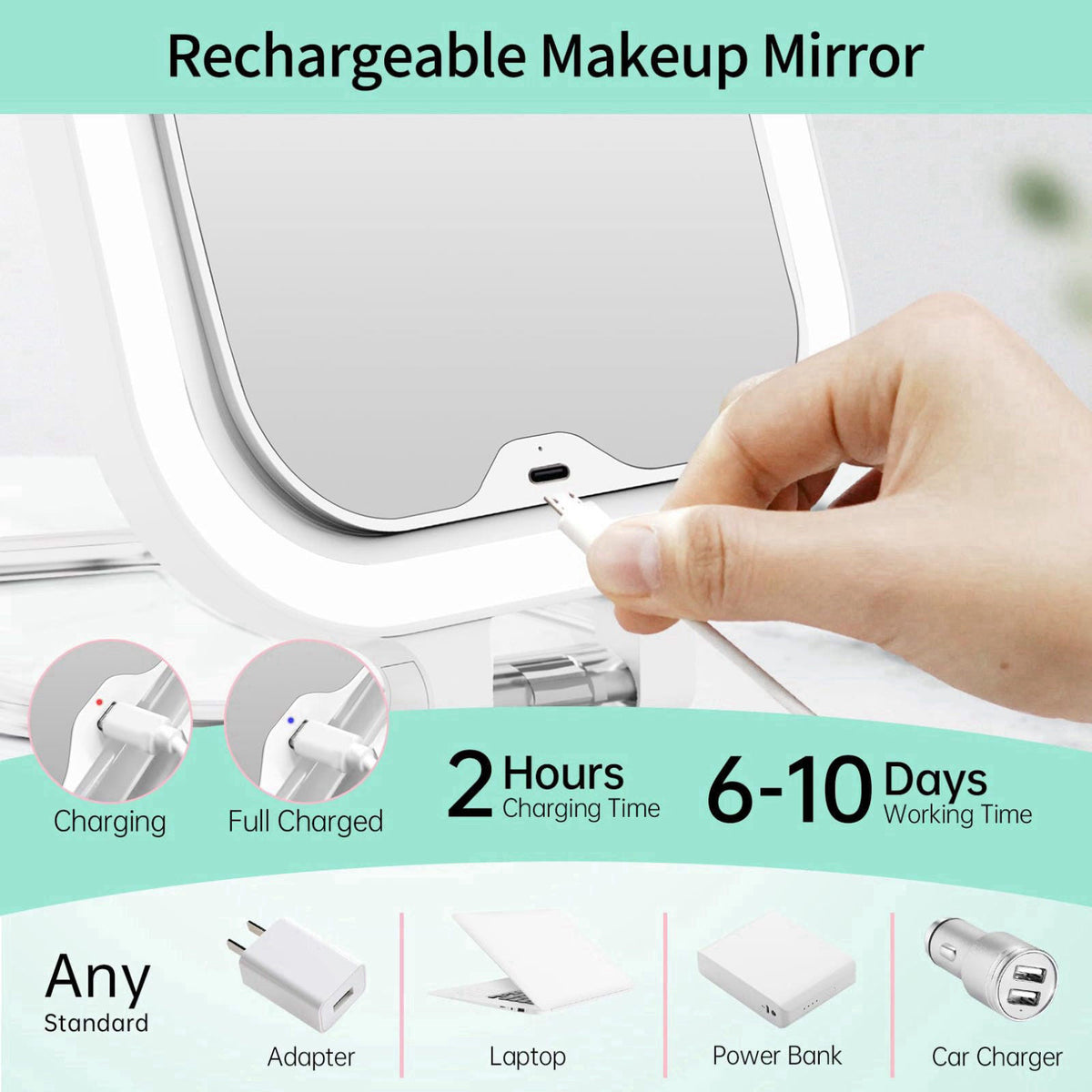 FASCINATE 7" Rechargeable Travel Makeup Mirror 30X Magnification(White+Bag) – alternate angle