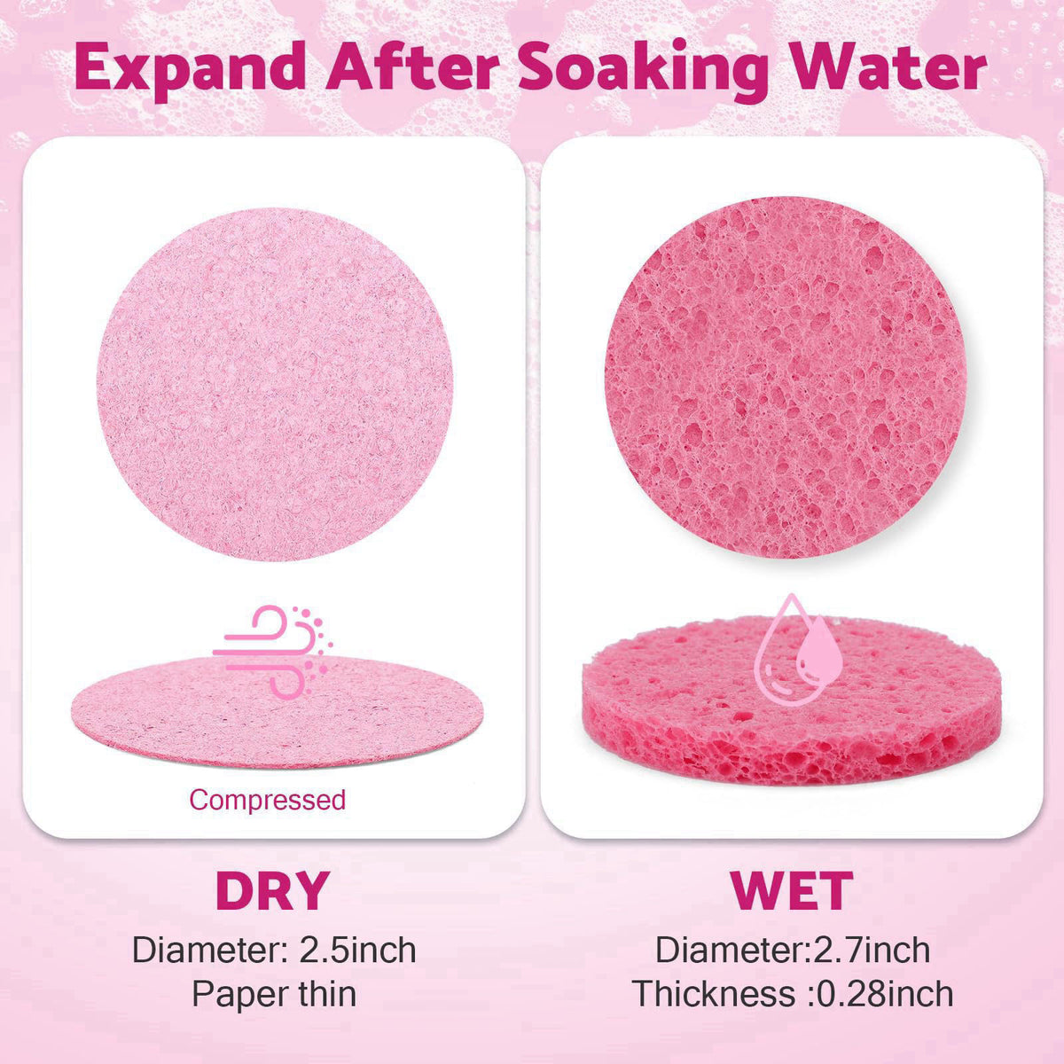 NEOACT 320-Count Compressed Facial Sponges, Natural Cellulose Face Sponge, Pink – close-up detail in Pink